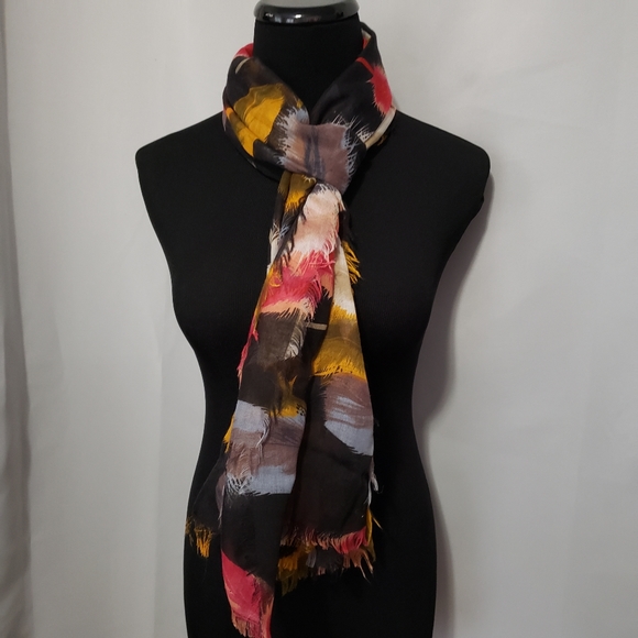 Black Multi-Color Feather Print Scarf, Light - Picture 6 of 7